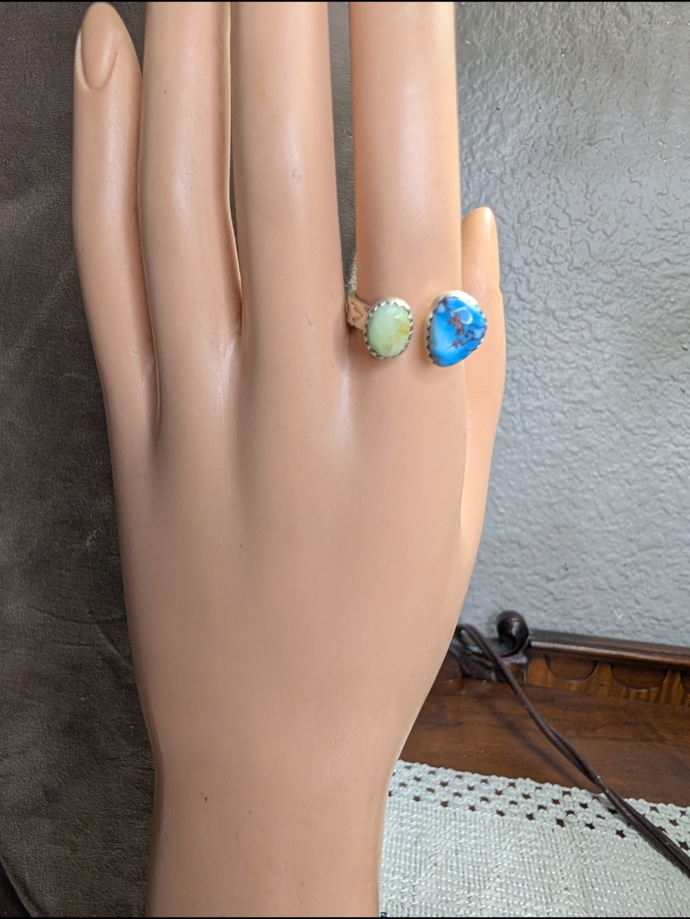 Sterling Silver Palomino & Golden Hills Double Turquoise Adjustable Ring 7.5